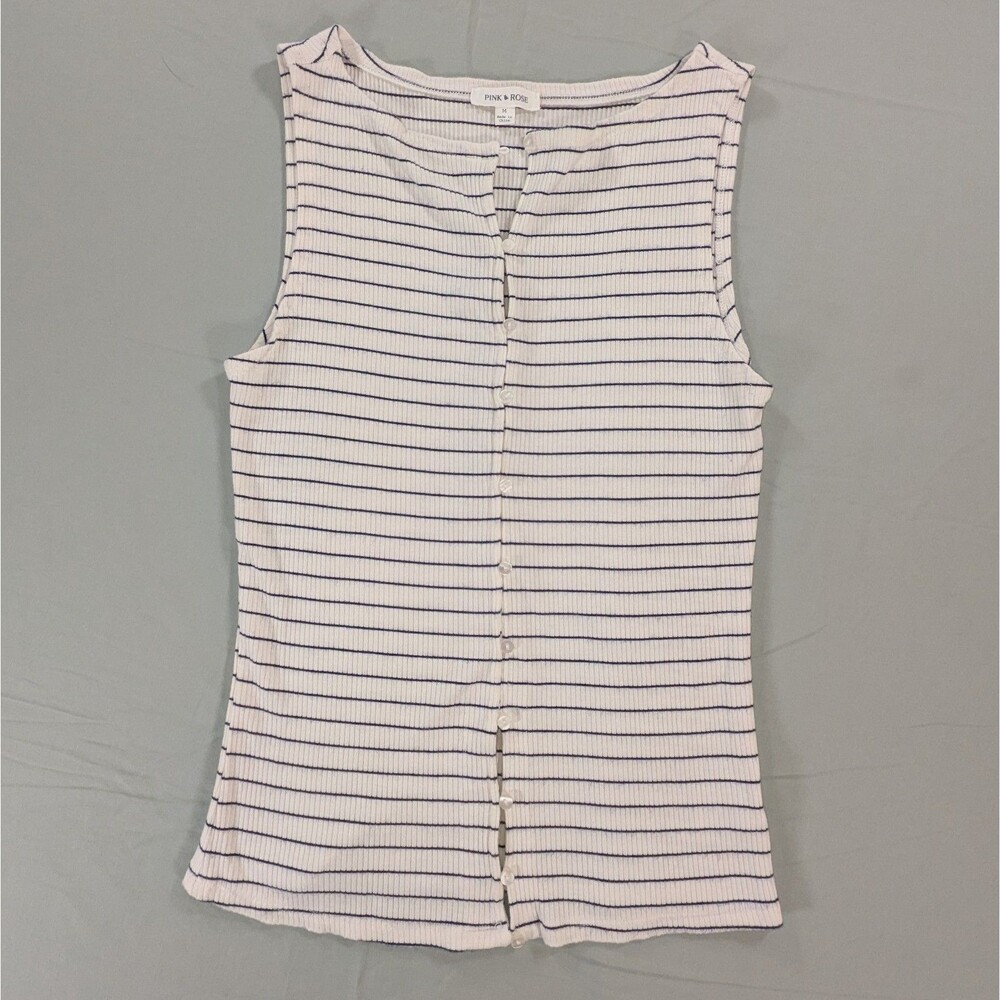 Pink Rose White Striped Rib Button Down Tank  Size Medium